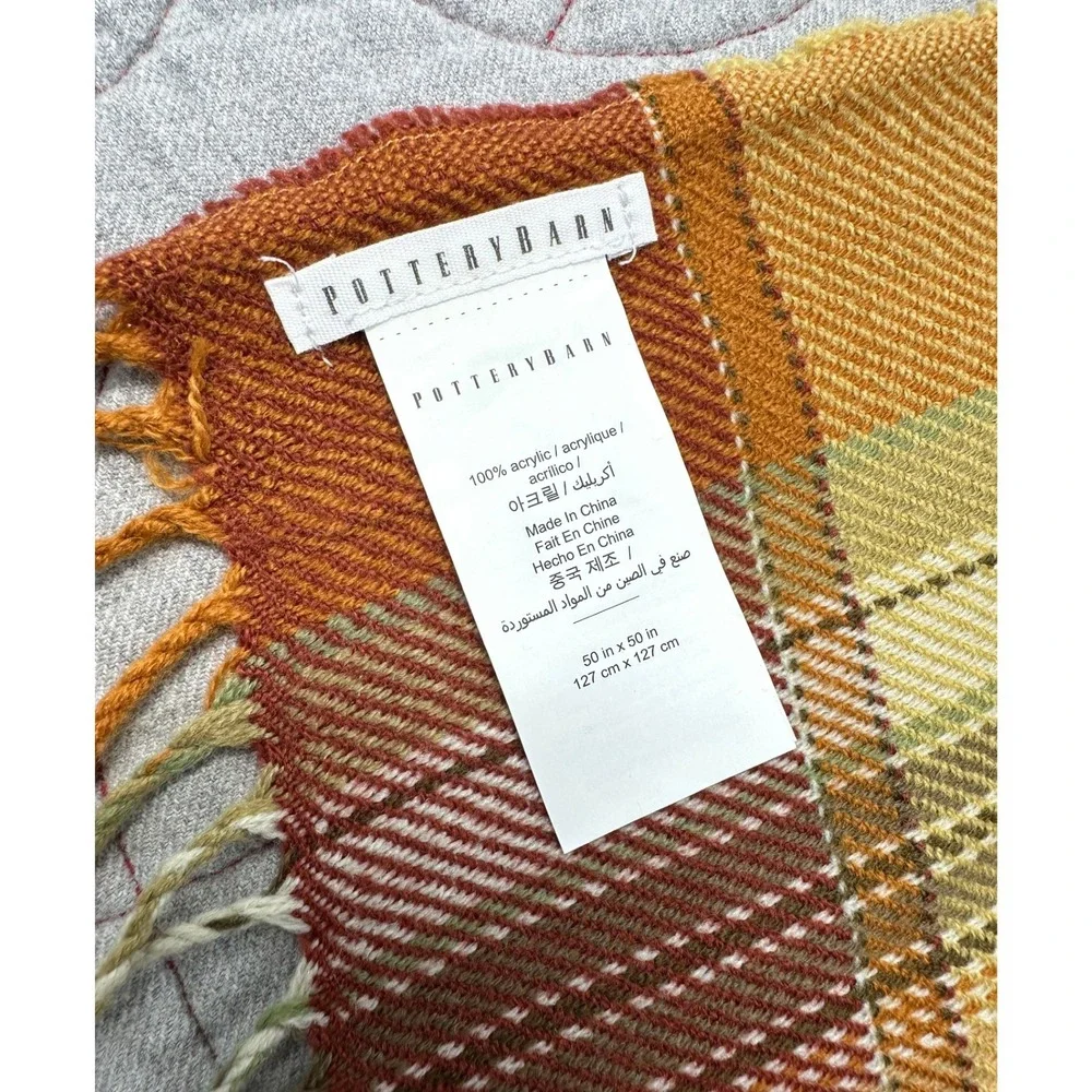Pottery Barn Throw Blanket Orange Plaid Fringed 50